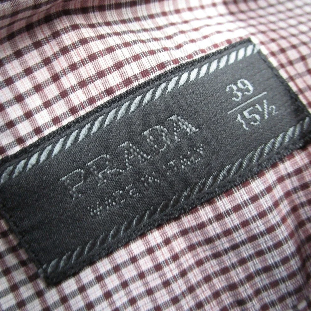 Prada Mens Burgundy White Micro Check Cotton Button Down Shirt 15.5 39 UCM595